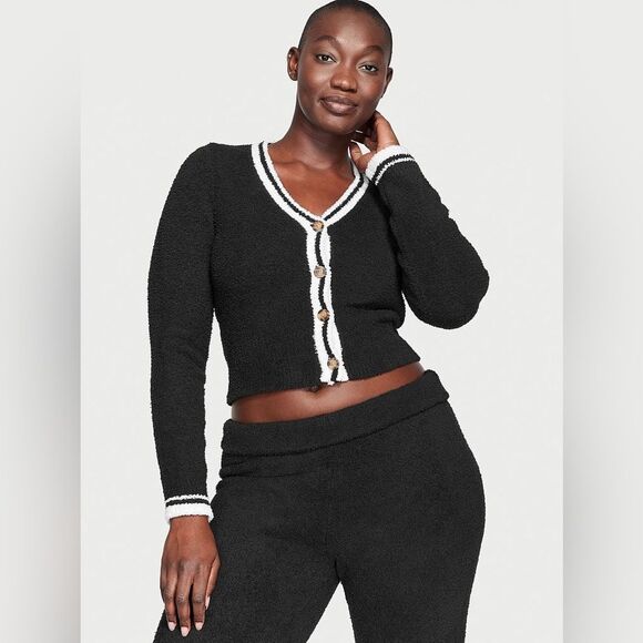 NWT XL Victorias Secret Black/White Contrast Cozy Knit Cropped Cardigan Sweater - Picture 1 of 3